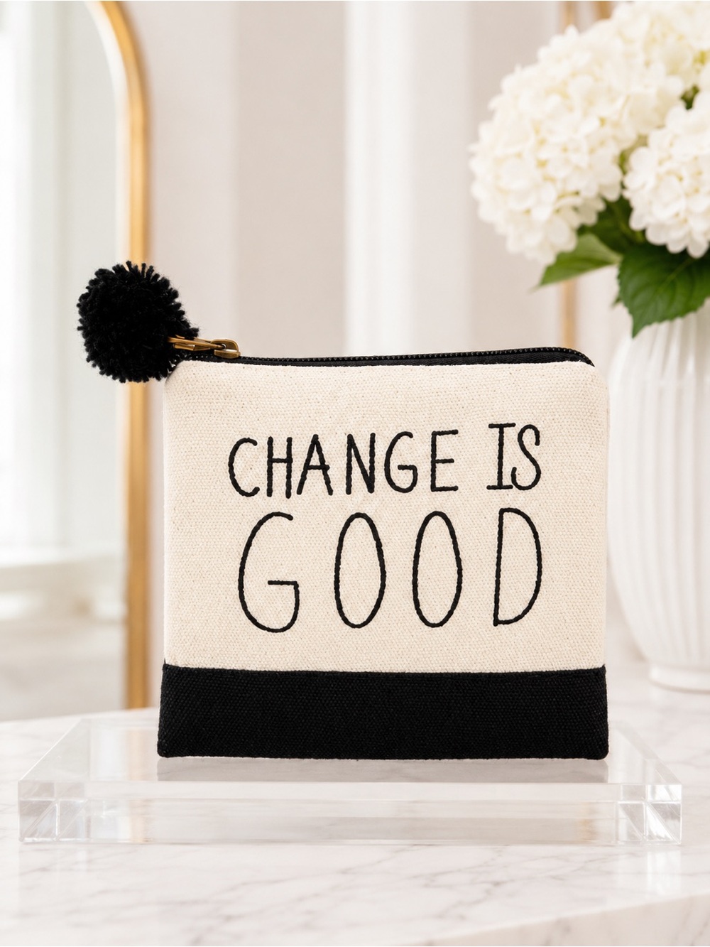 Boutique Change Is Good Canvas Coin Purse Black Cream Zip Pouch NWT